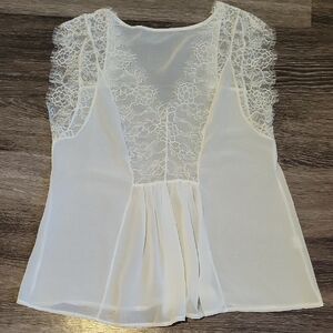 Cream Sleeveless Pleated Lace Blouse